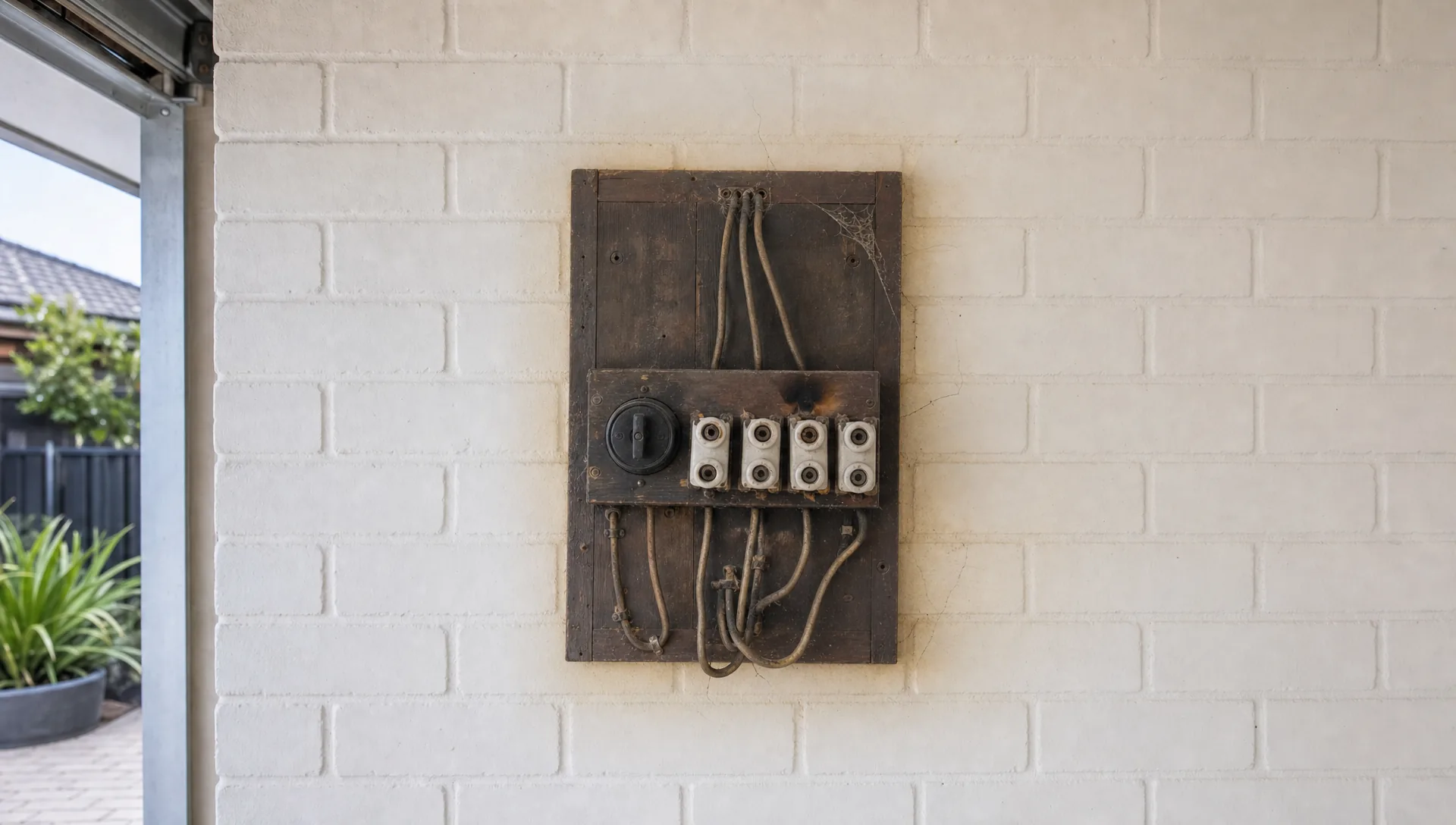 A 1960s fuse board with ceramic fuses, cloth wiring and a scorch mark