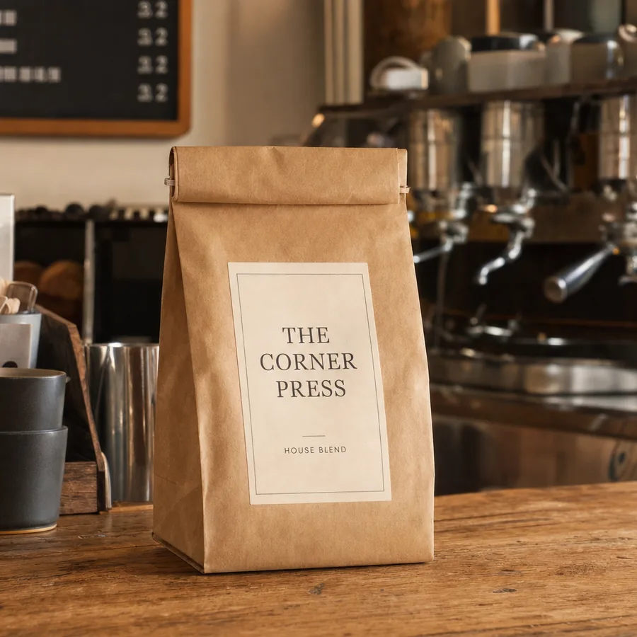 A kraft bag of The Corner Press house blend on the counter