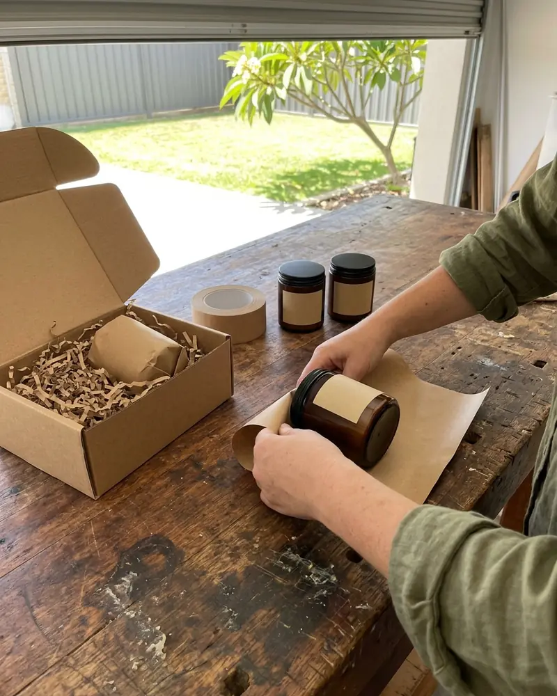 Hands wrapping a candle in kraft paper next to an open mailer box