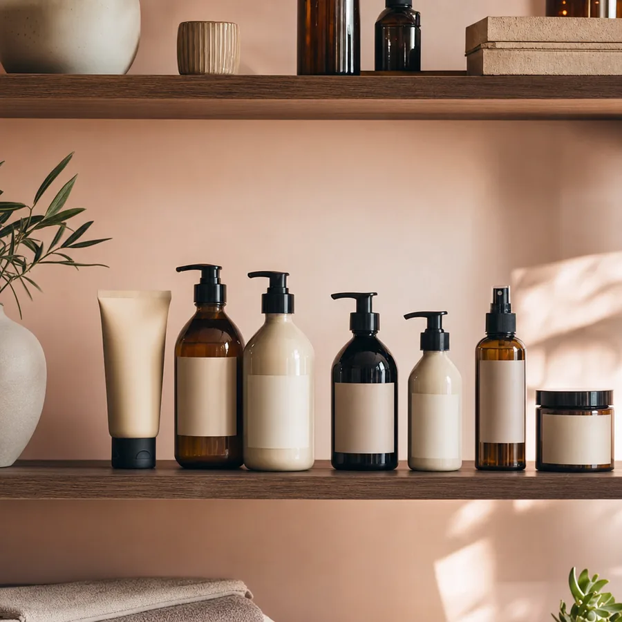 Curated shelf of haircare in amber and cream bottles