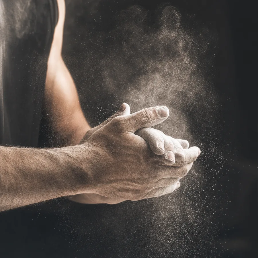 Chalked hands mid-clap, dust in the air