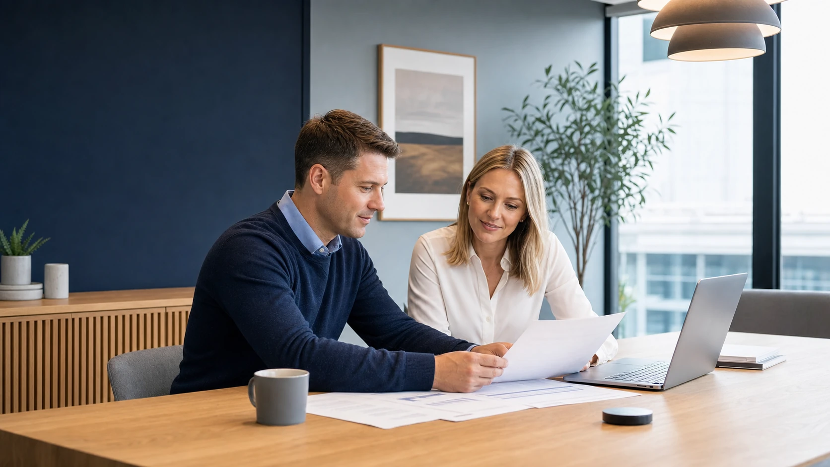 Two people reviewing documents at a long oak table