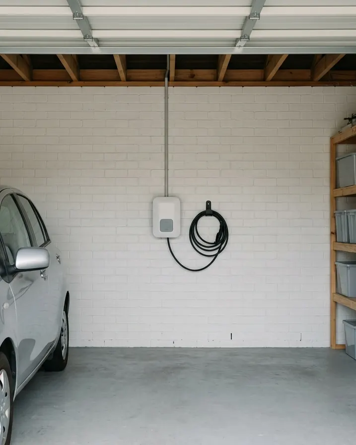 A new car charger on a painted brick garage wall, its cable coiled on a hook