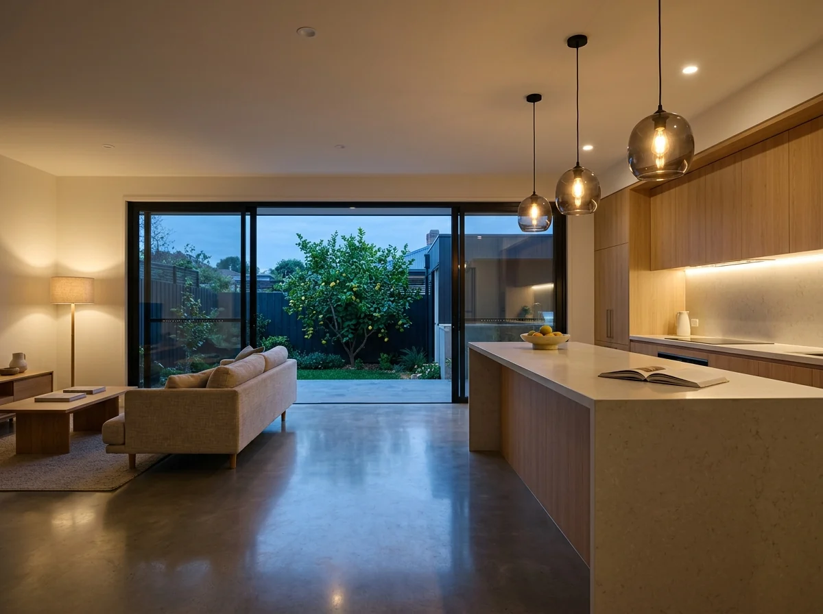A kitchen at dusk with three pendants glowing over the island.