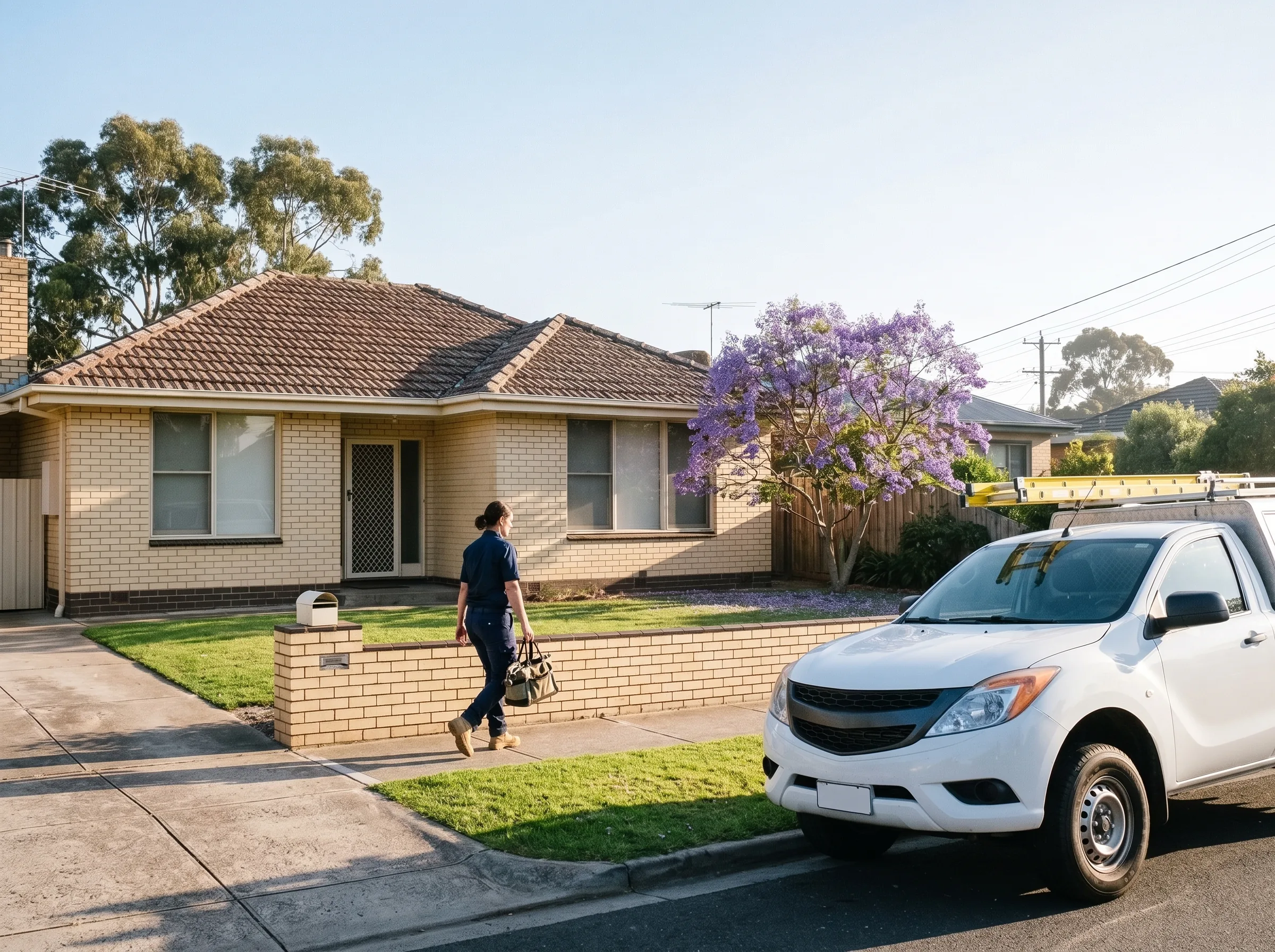 Mia walks up the path of a brick house in Bayside, the ute at the kerb.