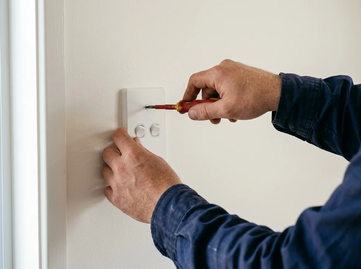 A new light switch plate going on a freshly painted wall.