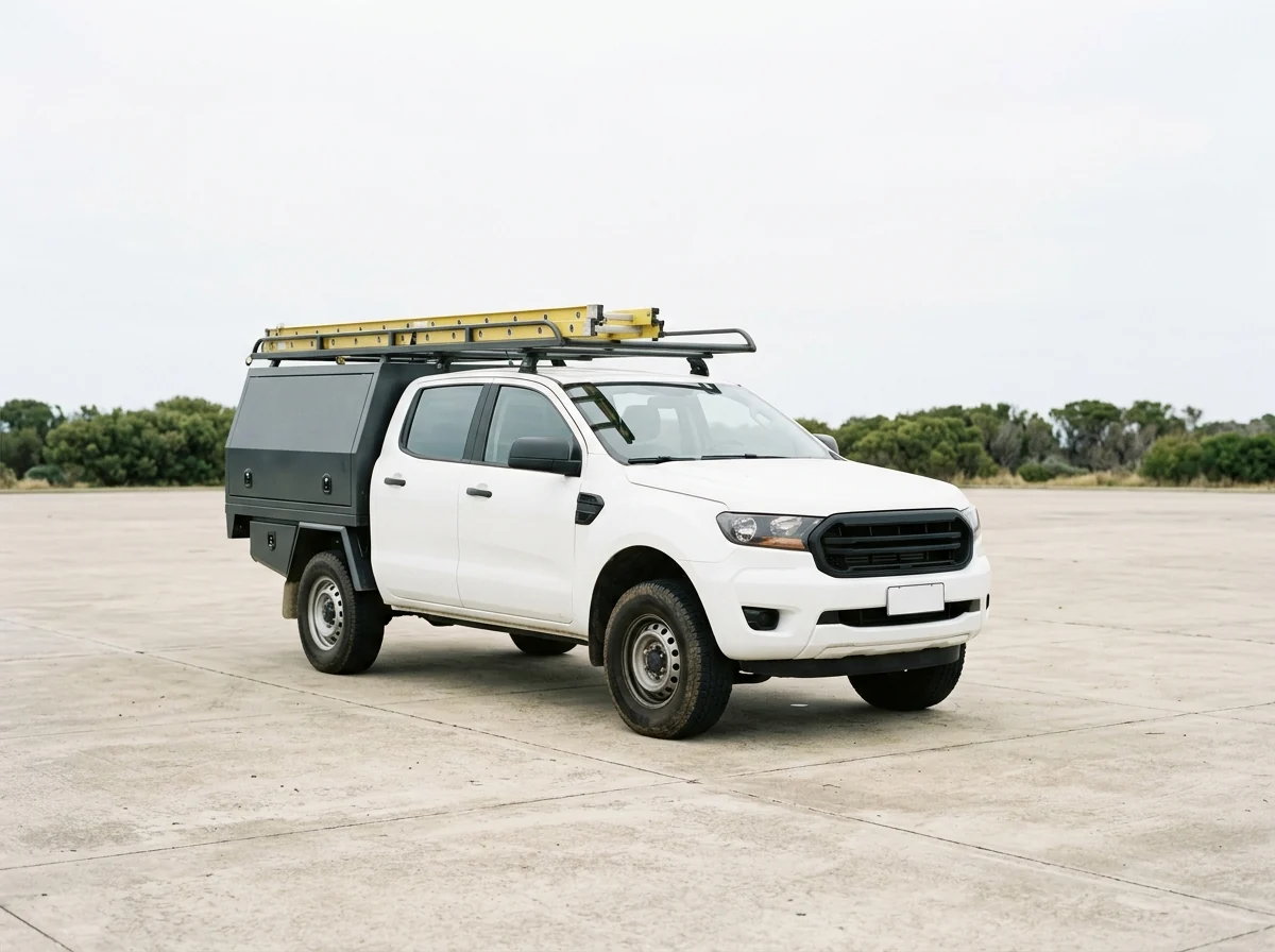 The Pierpoint ute with yellow ladders on the roof rack.