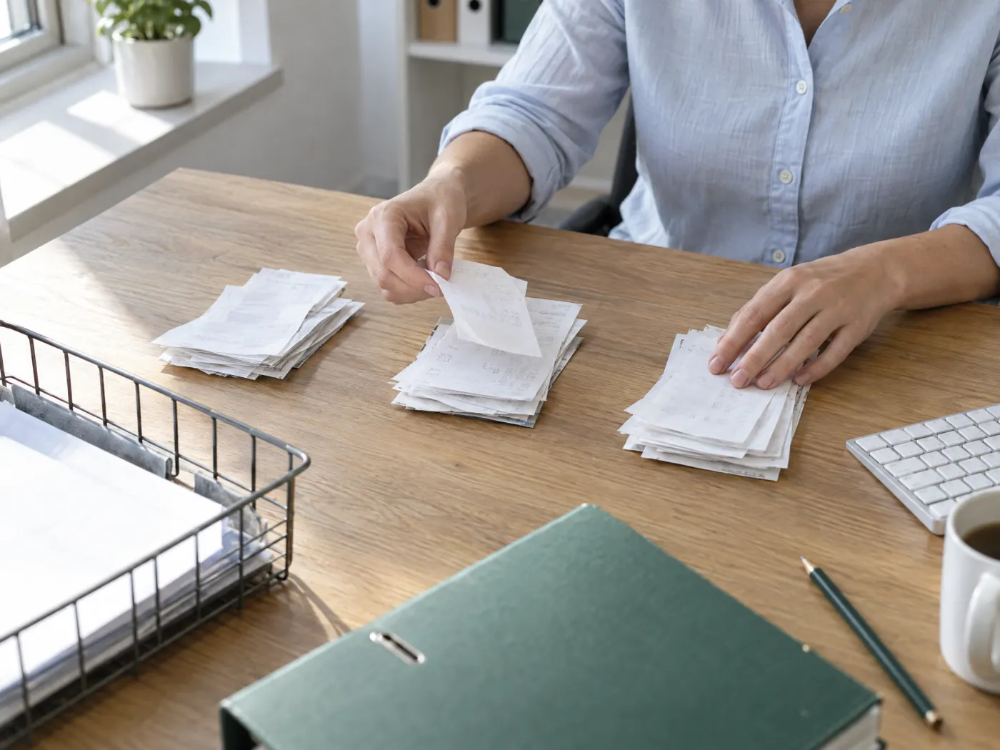 An accountant's hands sorting paper receipts into three stacks on an oak desk