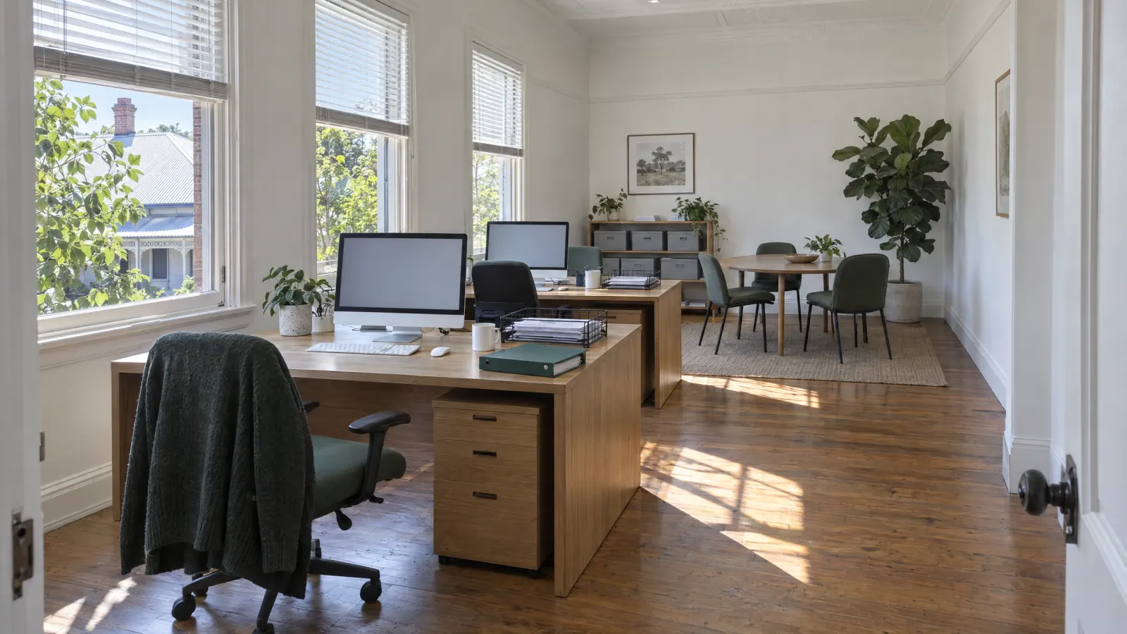 The Plainbook office at midday: four oak desks, tall sash windows and a round meeting table