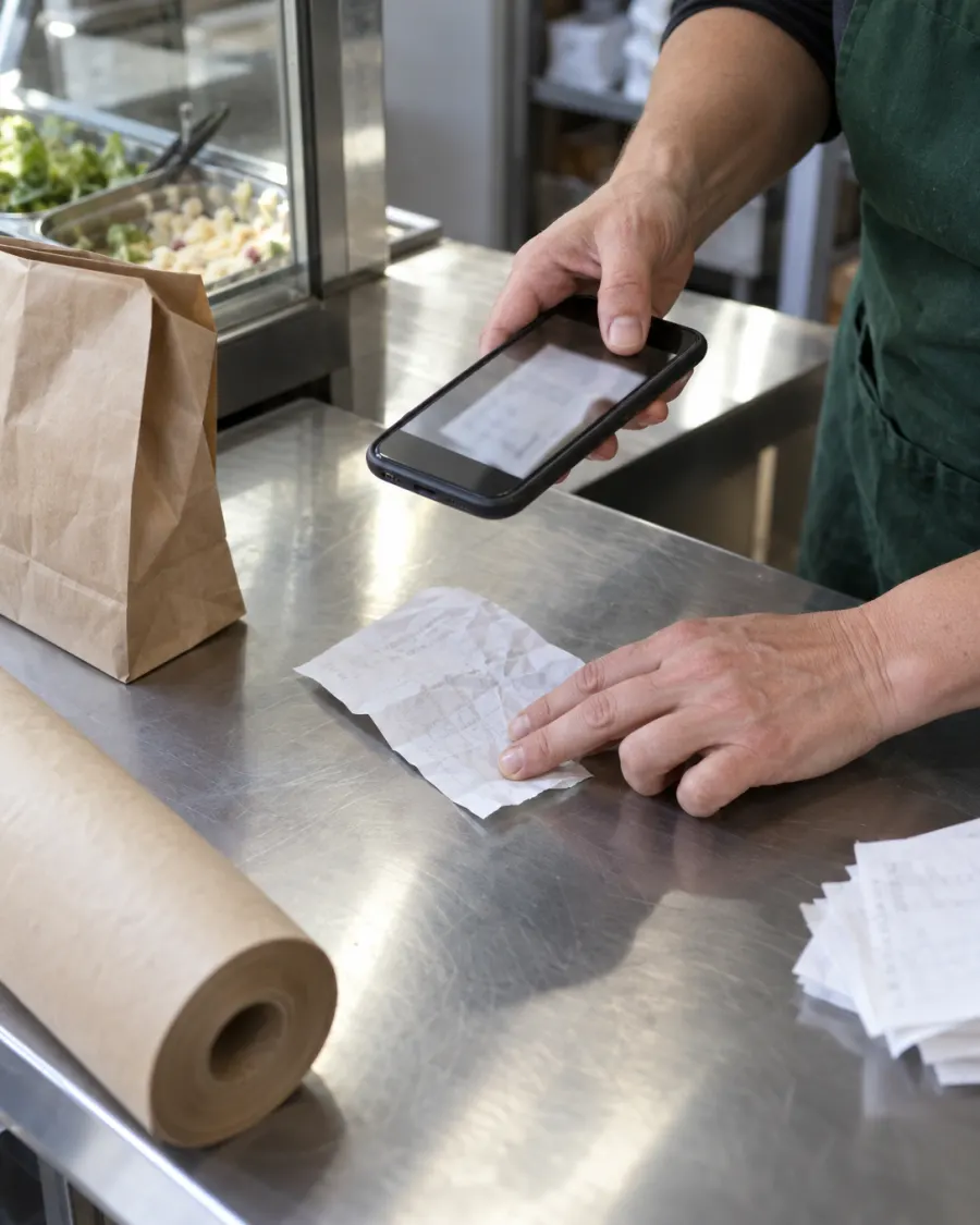 Hands at a deli counter photographing a paper receipt with a phone
