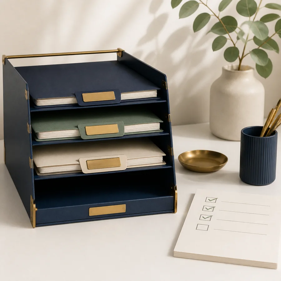 A document tray and checklist showing one missing record