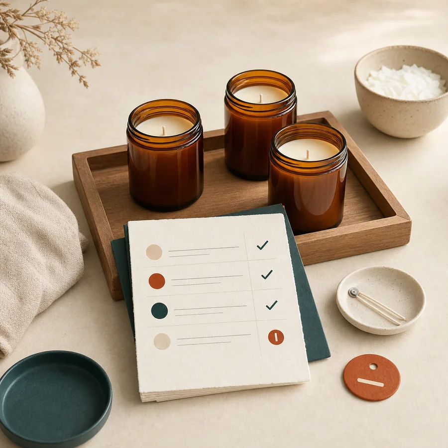 Amber candle jars beside a small-batch planning card