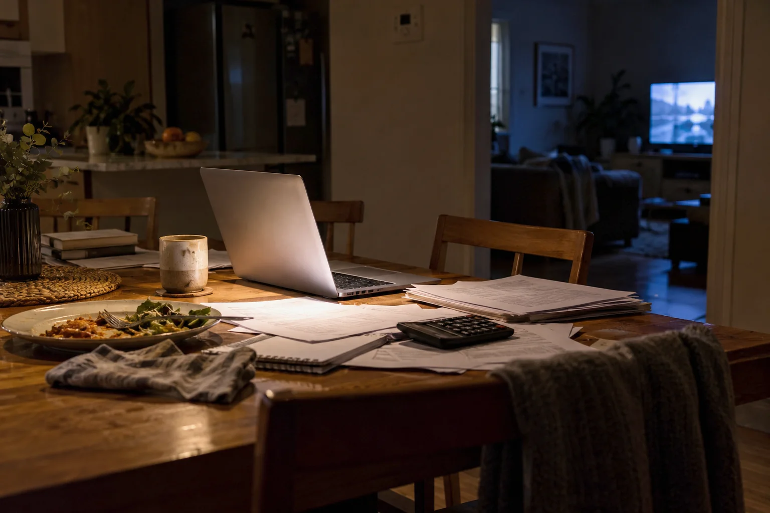 A dark kitchen table at 7:30 pm: an open laptop, paperwork and a cold dinner pushed aside