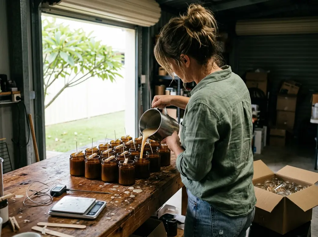 Erin pours wax into rows of amber jars at her bench in the garage, the roller door open to the garden.