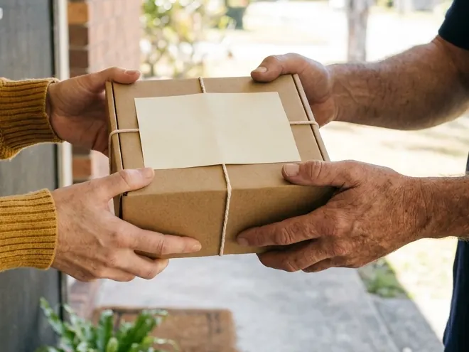 At her front door, Jess takes the Dune & Wick parcel from the courier.