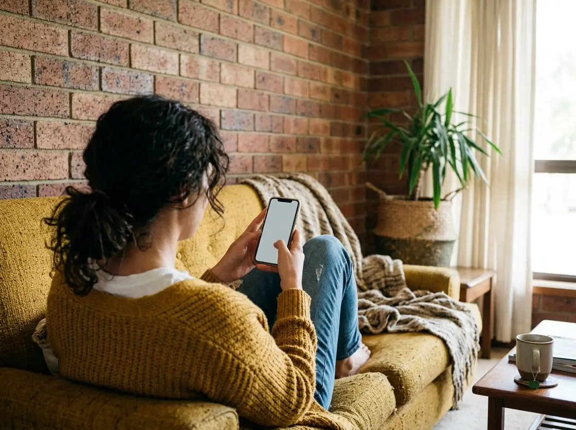 Jess, seen from behind, scrolls on her phone on a mustard sofa.