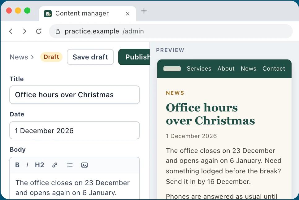 Re-created: their own editor with a Publish button and a live preview of the page.