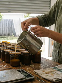 Pouring wax into amber jars