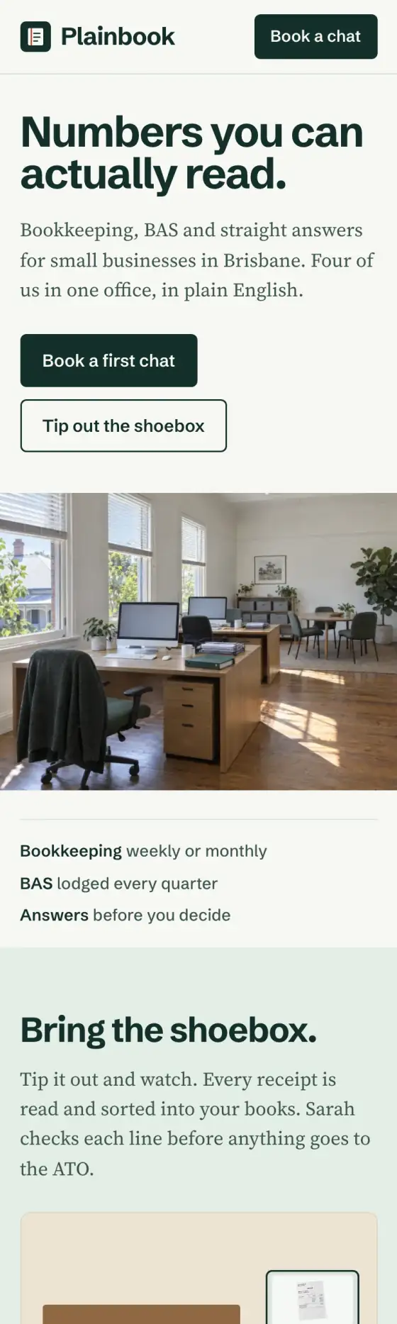 The Plainbook demo website on a phone, with the receipts sorted into the books