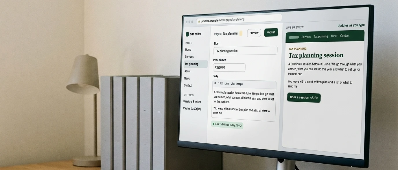 A tidy small office with a monitor showing a re-created site editor with made-up data