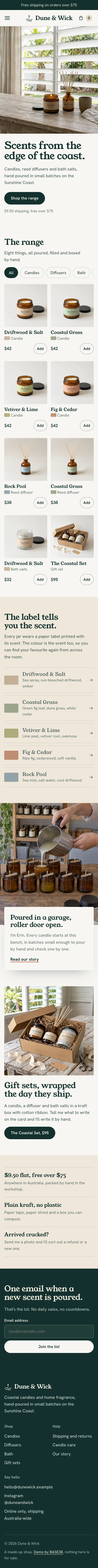 The Dune & Wick home page on a phone
