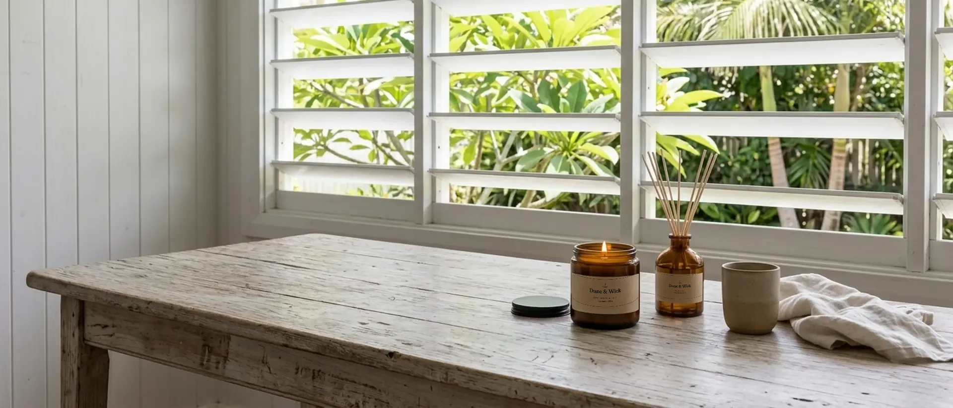 A Dune & Wick candle and reed diffuser on a timber table by open louvre windows