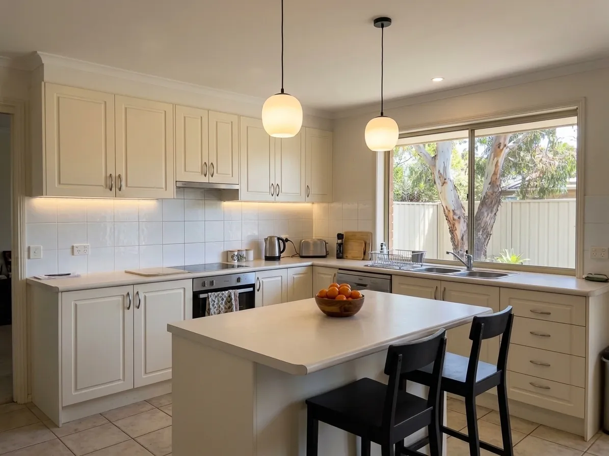 The same kitchen with two pendant lights over the island and a light strip under the cabinets, switched on