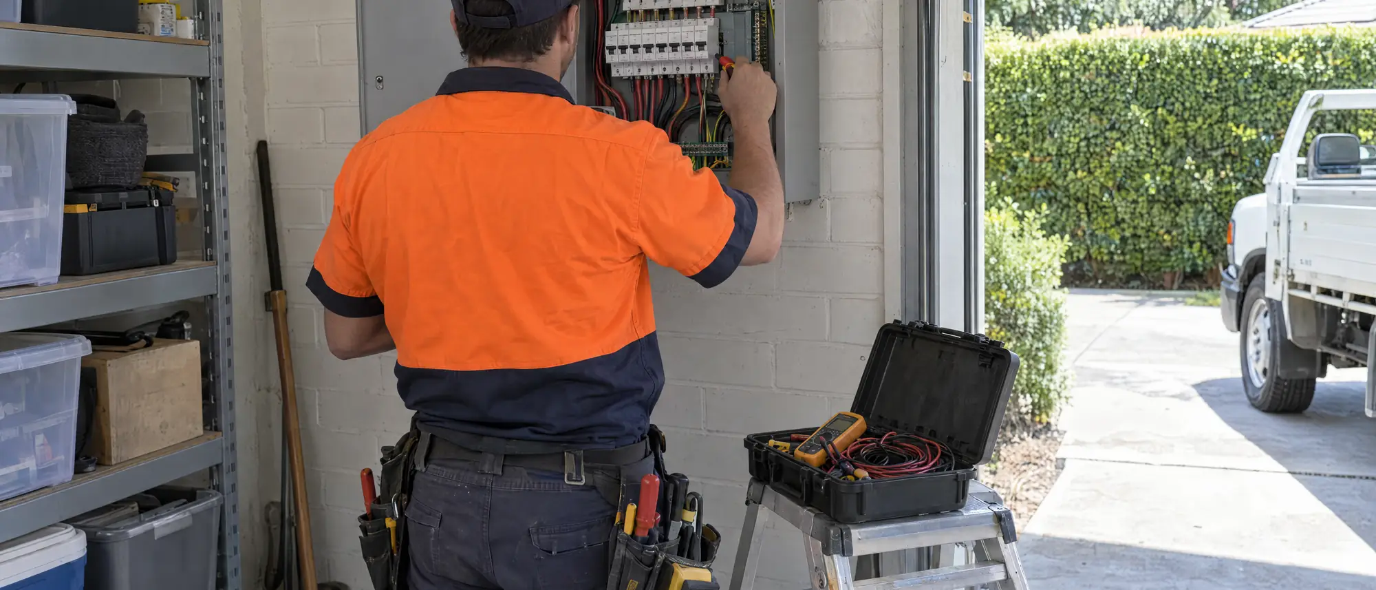 A Pierpoint electrician seen from behind at an open switchboard in a garage, the work ute in the driveway