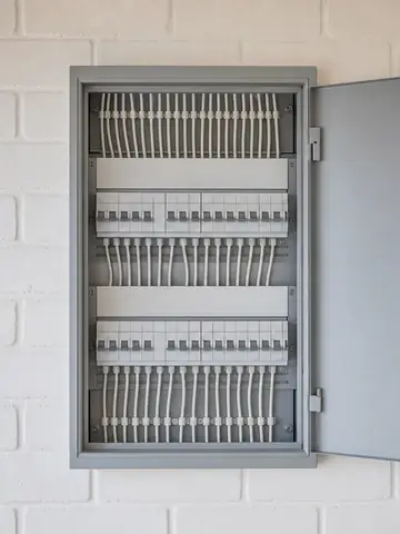 Reel: a finished switchboard on a brick wall