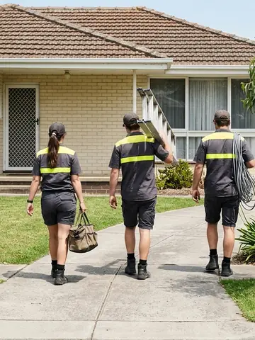 Three of the crew walking up a driveway to a job