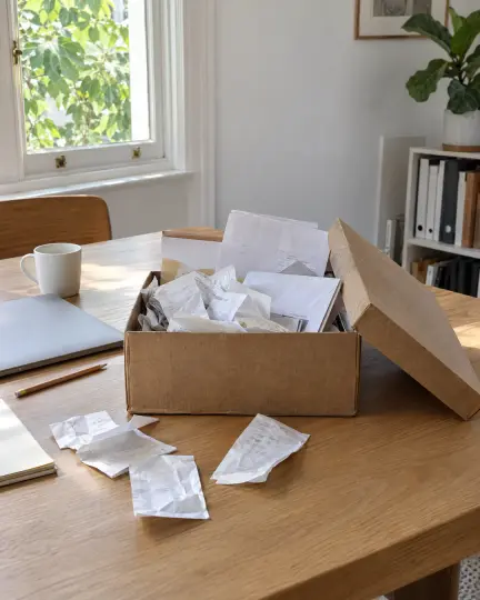 A shoebox of receipts on an oak desk