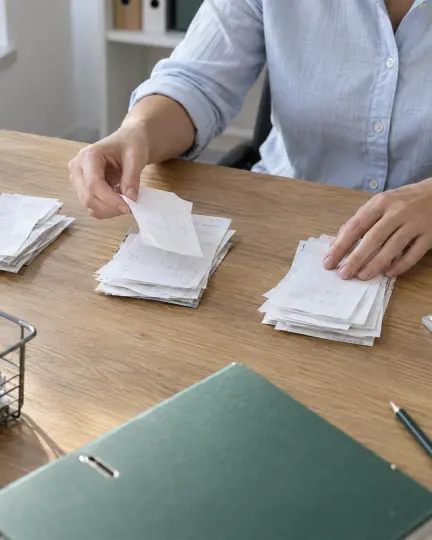 Hands sorting receipts into three stacks