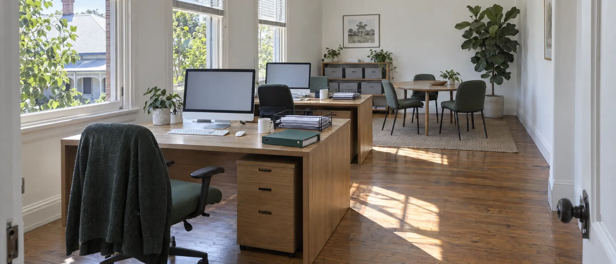 The Plainbook office at midday: oak desks, tall sash windows and a round meeting table, nobody in yet