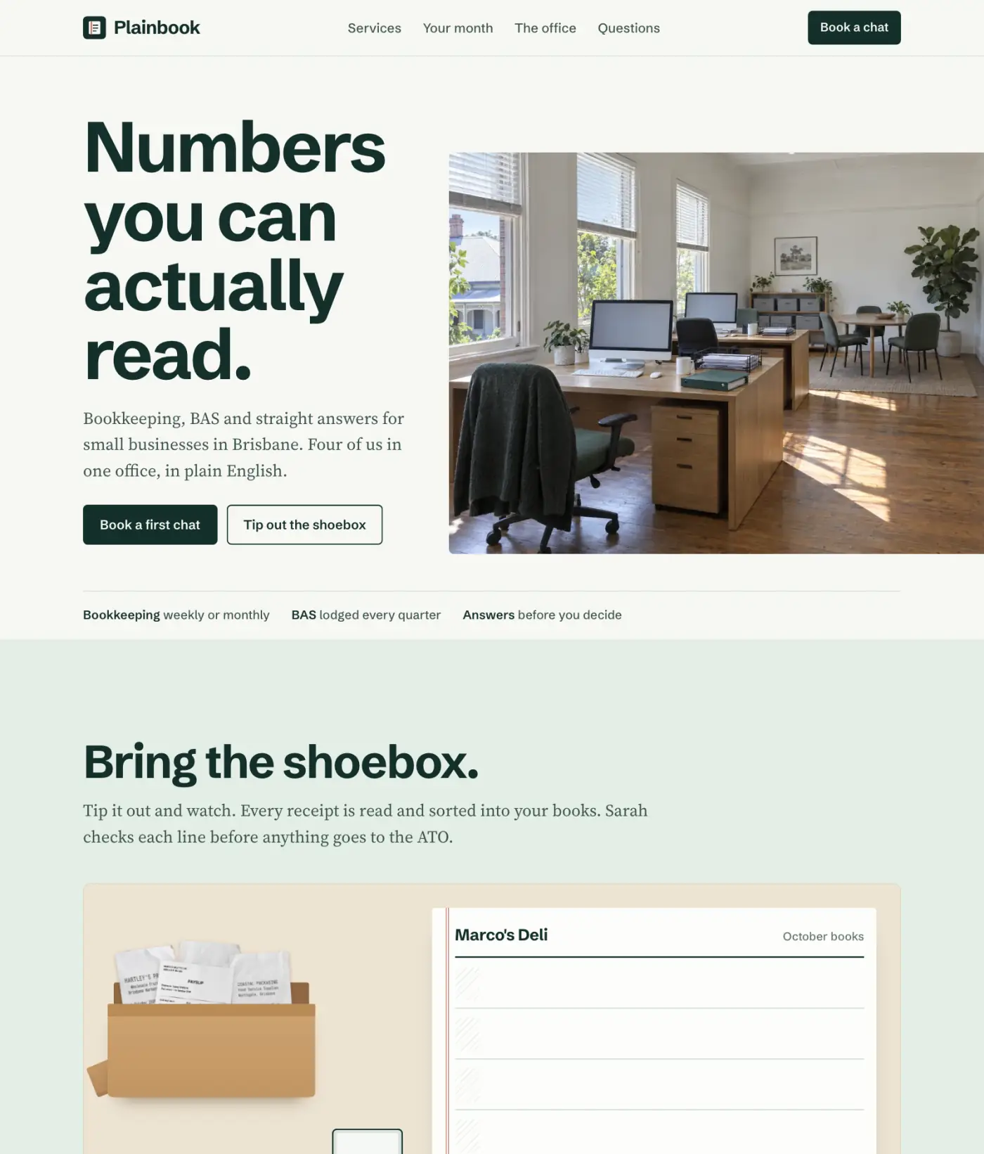 The Plainbook demo website at desktop size